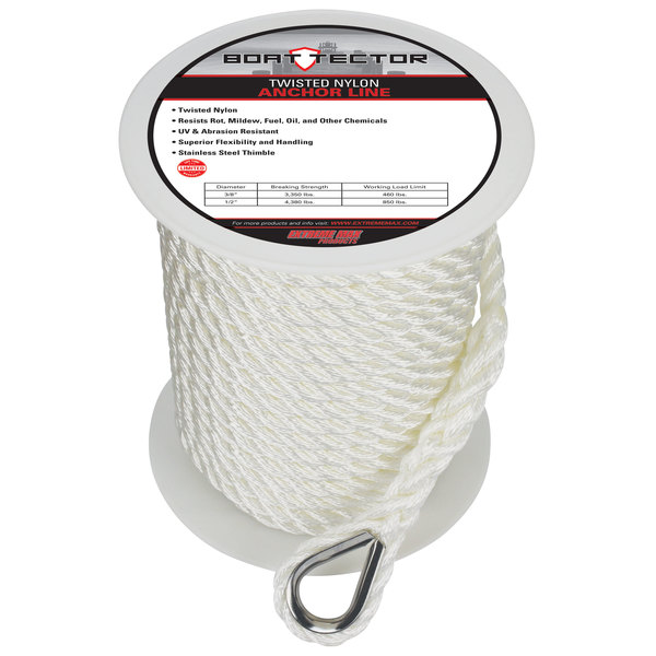 Extreme Max Extreme Max 3006.2300 BoatTector Twisted Nylon Anchor Line with Thimble - 1/2" x 100', White 3006.2300